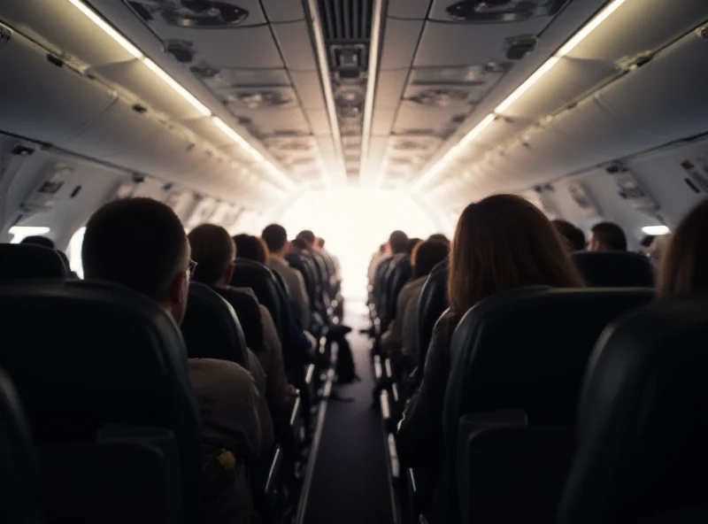 Interior of a Qatar Airways airplane cabin with passengers seated, one seat covered with a blanket.