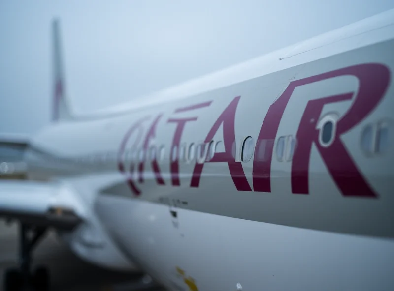 The exterior of a Qatar Airways airplane at an airport gate.