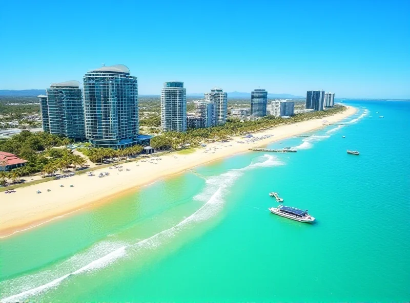 Aerial view of a coastal Australian resort town with modern hotels and beaches.