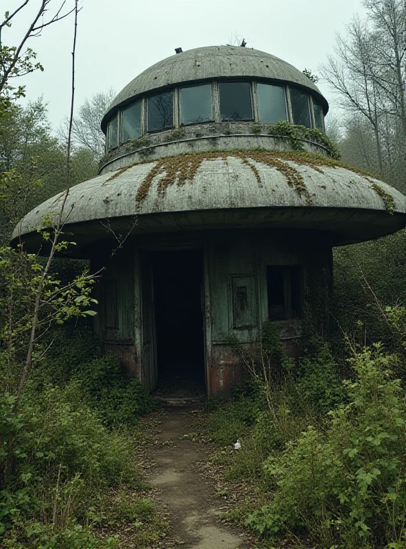 A dilapidated, futuristic-looking building in the shape of a UFO, overgrown with vegetation.