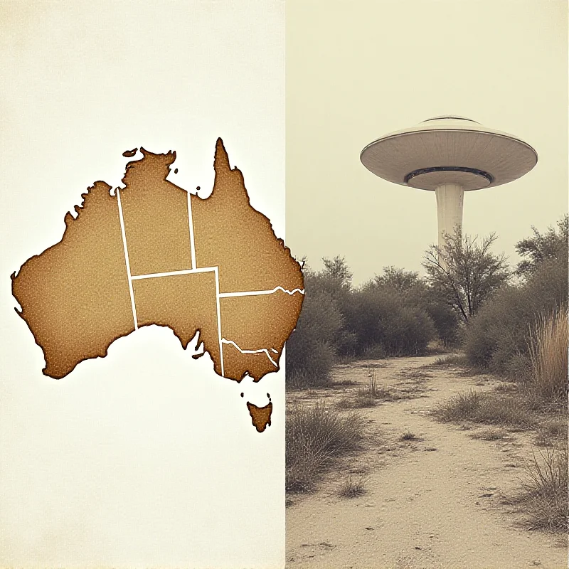 A collage showing a map of Australia with a shaking effect on one side, and a faded photograph of the Taiwan UFO village on the other.