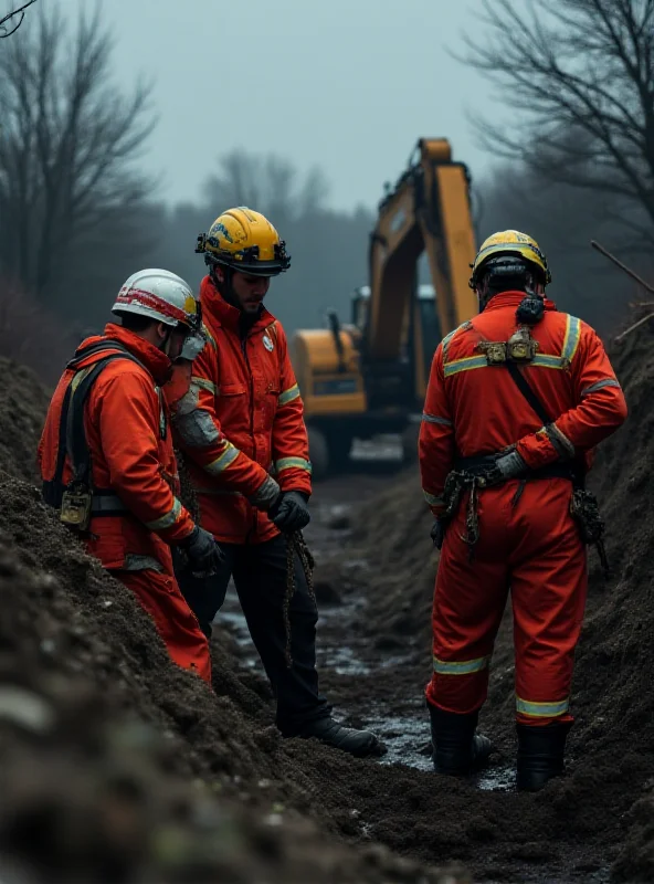 Rescue workers at an excavation site, focused on digging.