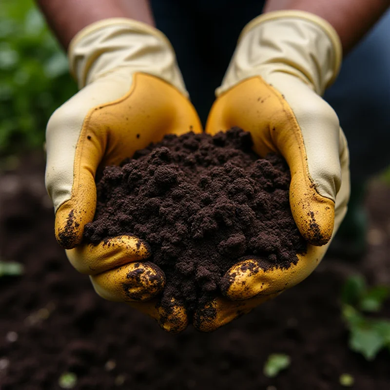 Close up of hands wearing gardening gloves, working in soil.