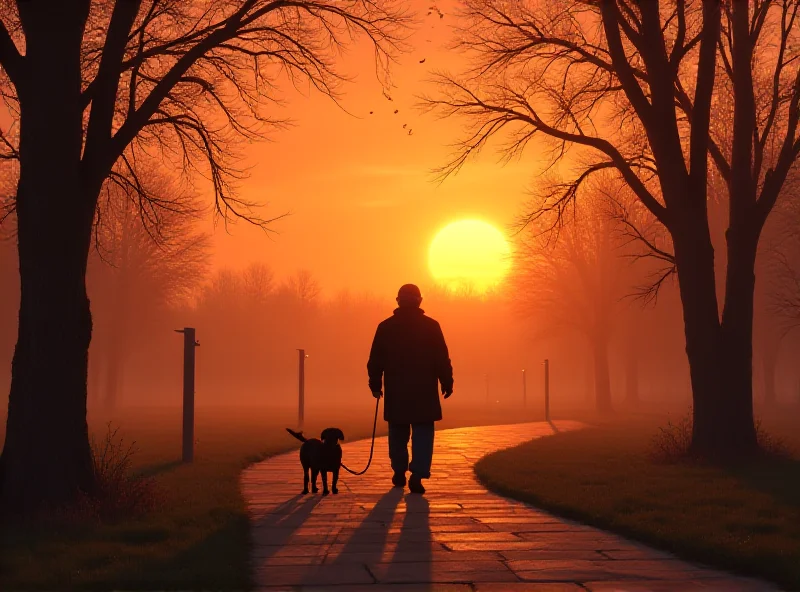 Illustration of a park scene with a person walking a dog, a subtle and respectful depiction of the event.