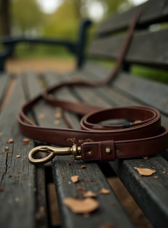 A close-up, somber image of a worn dog leash and collar, symbolizing loss and the bond between the victim and his pet.