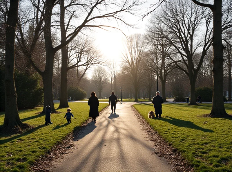 A wide shot of Franklin Park in Leicester, with people walking and children playing, but with a slightly somber and reflective tone.