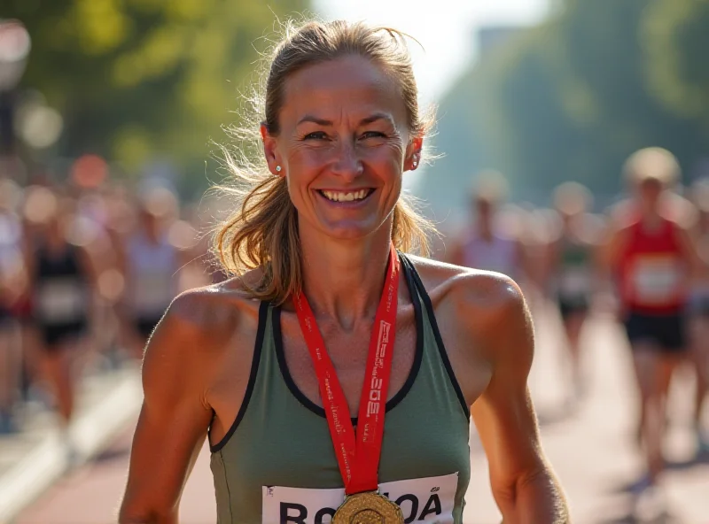 Paula Radcliffe smiling after finishing a marathon.