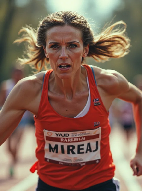 Close-up of Paula Radcliffe running in a marathon, focused on her determined expression.