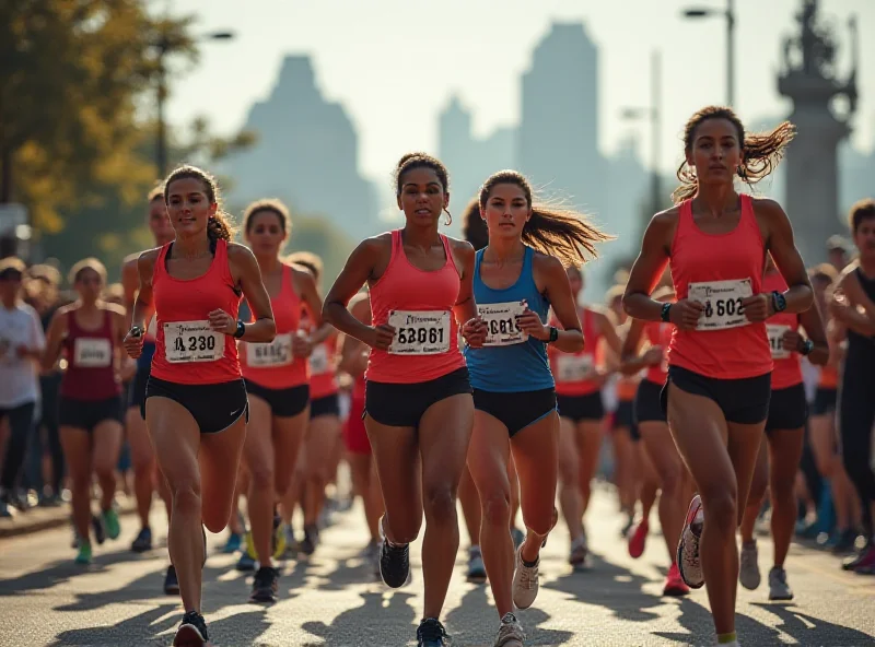 A diverse group of women runners participating in a marathon, showcasing inclusivity and empowerment.