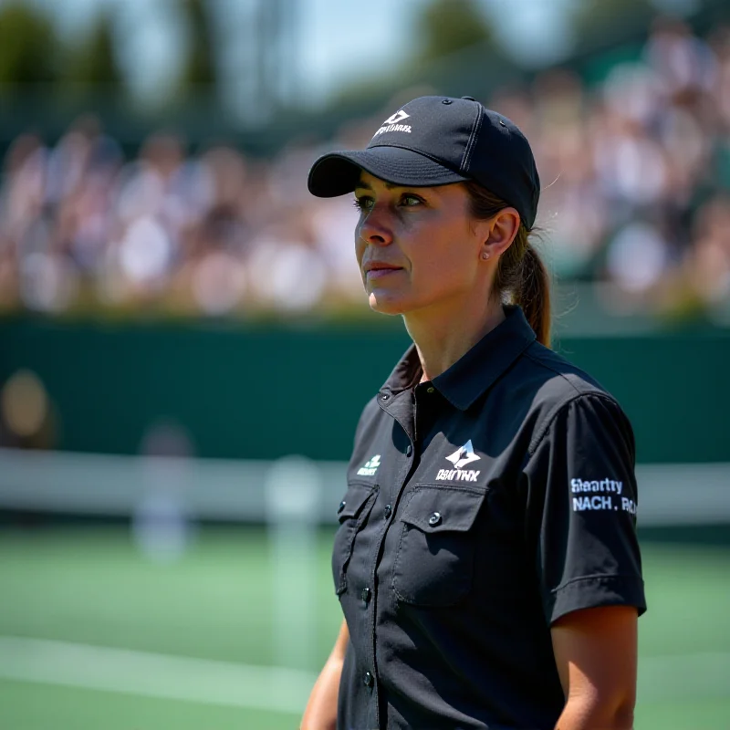 A WTA security guard standing near a tennis court during a match, looking vigilant.