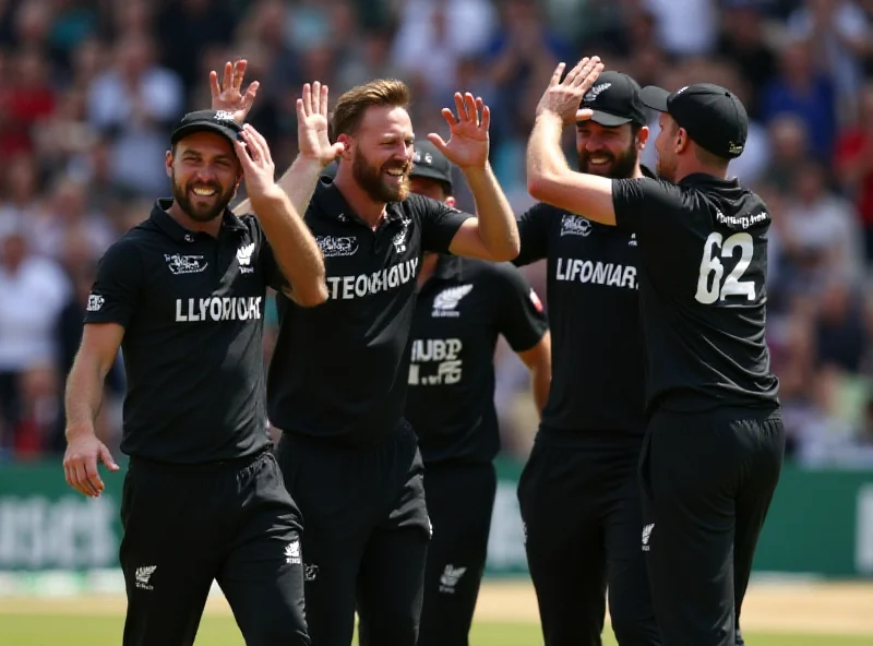 New Zealand cricket team celebrating a victory, Rachin Ravindra and Kane Williamson in the foreground