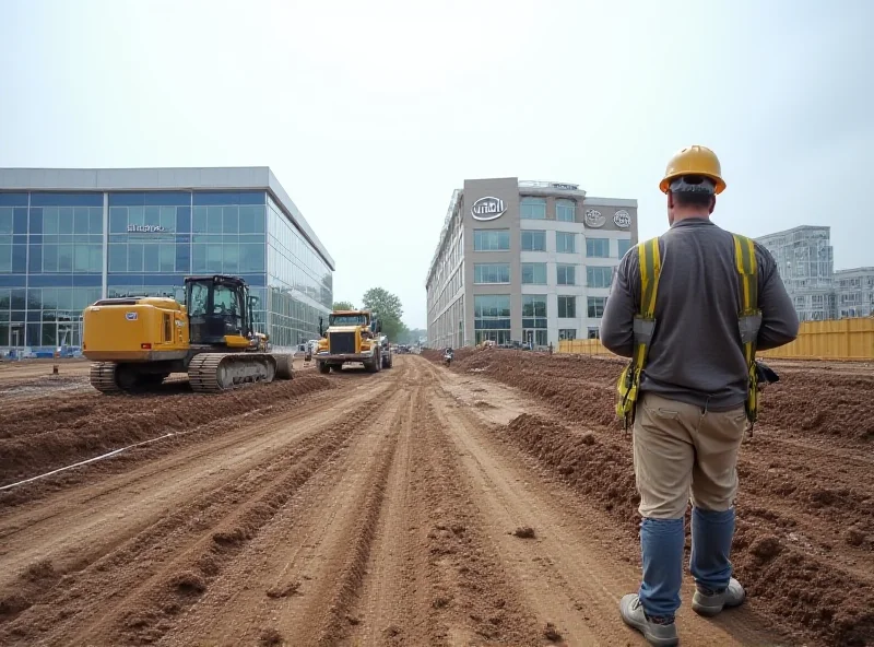 Construction site with Intel logo subtly visible in the background.