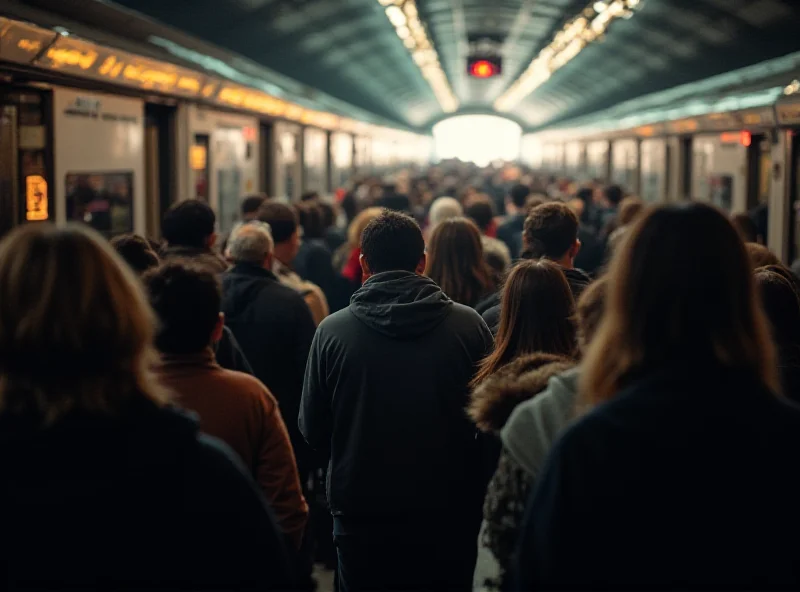 A crowded train platform with people waiting to board a train. The scene is slightly chaotic, depicting the daily commute.