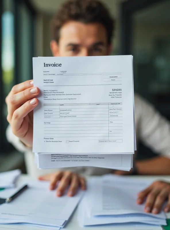 Close-up shot of a hand holding several overdue invoices, with a stressed expression on the person's face.