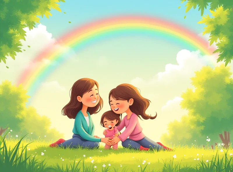 Illustration of a happy family with two mothers, child, and a colorful rainbow in the background.