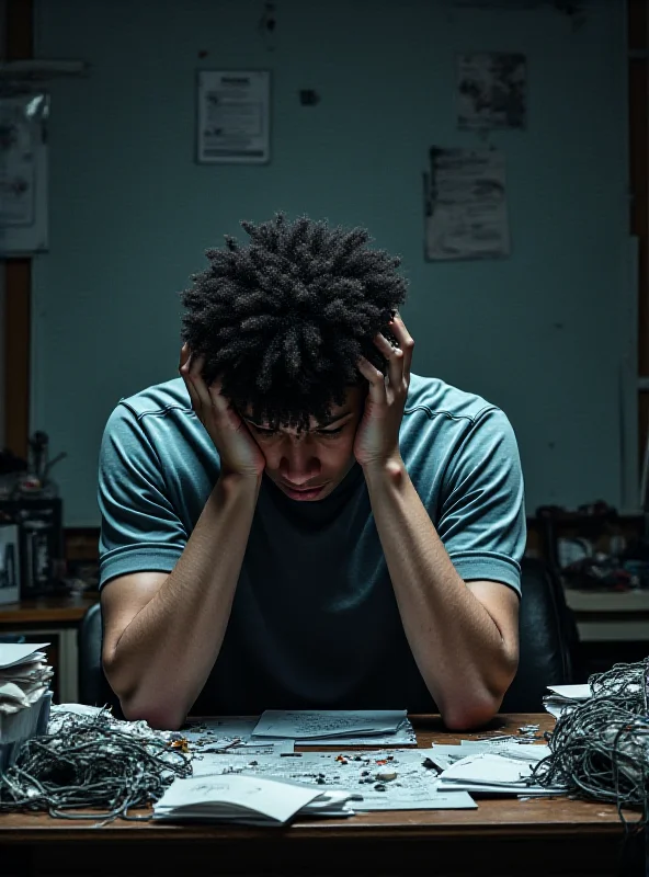 A person looking stressed at a cluttered desk, surrounded by paperwork and overflowing containers.