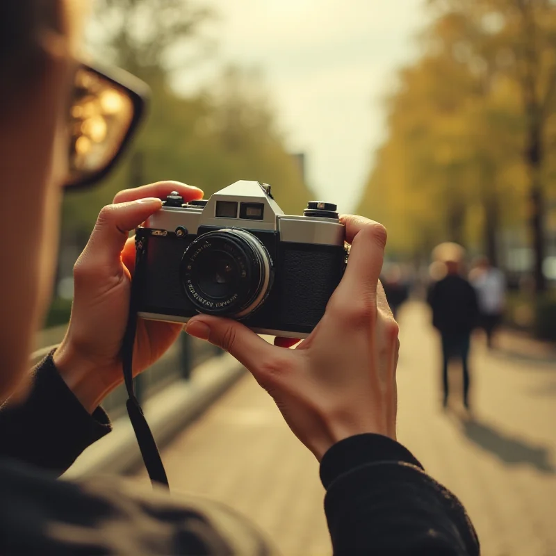 A person taking a photo with a vintage camera, capturing a moment of everyday life.