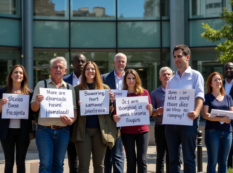 Image of journalists protesting outside a news building.