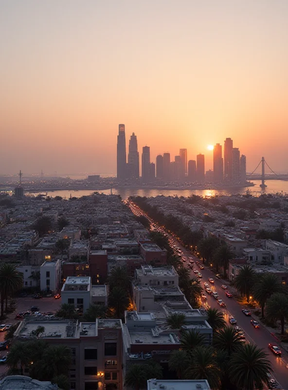 A panoramic view of Doha, Qatar, with modern buildings and Islamic architecture.