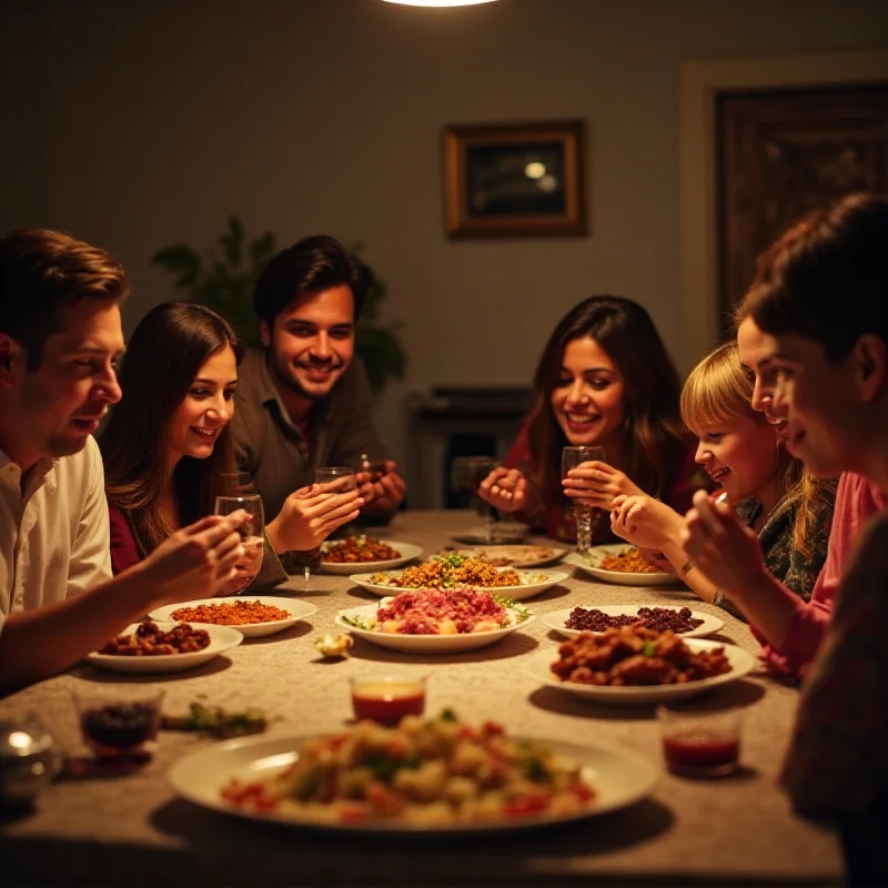 A family gathered around a table, breaking their fast during Ramadan.