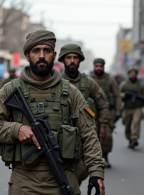 Pakistani soldiers patrolling a city street.