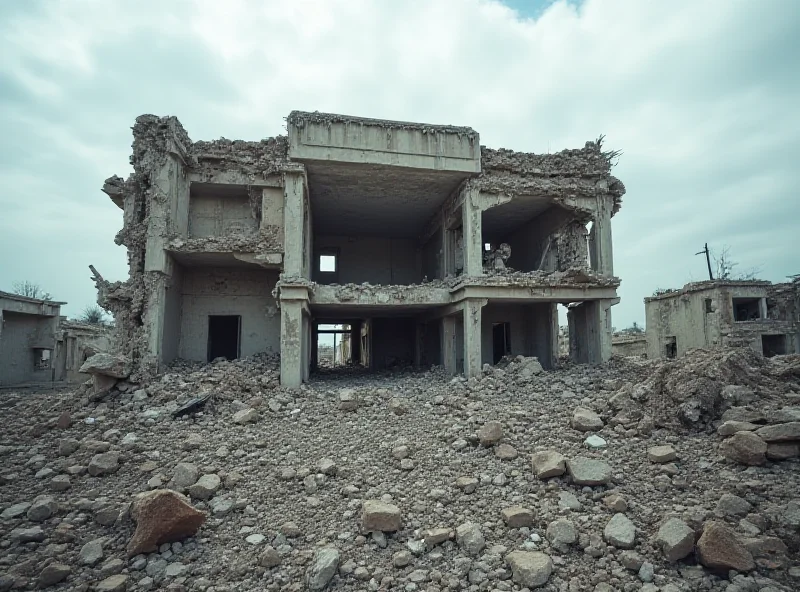 A somber scene depicting a destroyed building in Gaza.