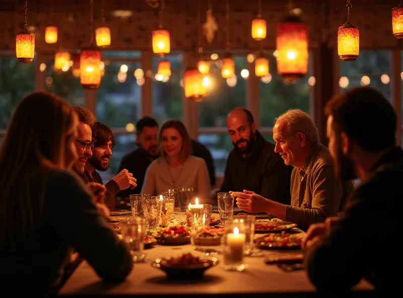 A diverse group of people sharing a meal during Ramadan in Germany, with German flags subtly visible in the background.