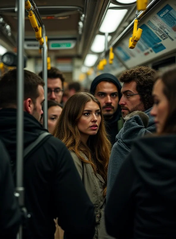 A crowded city bus interior, focusing on a young woman looking distressed while a man argues with the driver near the front. The scene is tense and chaotic.