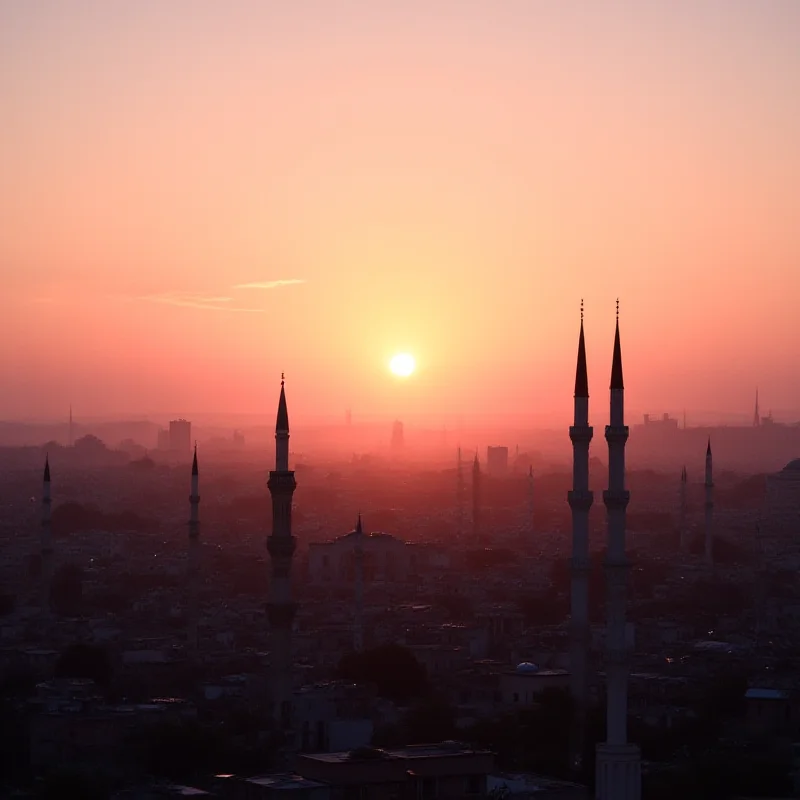 A panoramic view of Damascus, Syria, at sunset. Several minarets are visible, with the call to prayer emanating from one of them. The sky is a mix of orange, pink, and purple hues.