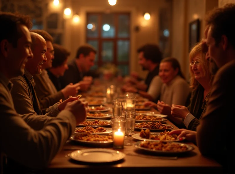 An Iftar dinner scene with people breaking their fast.