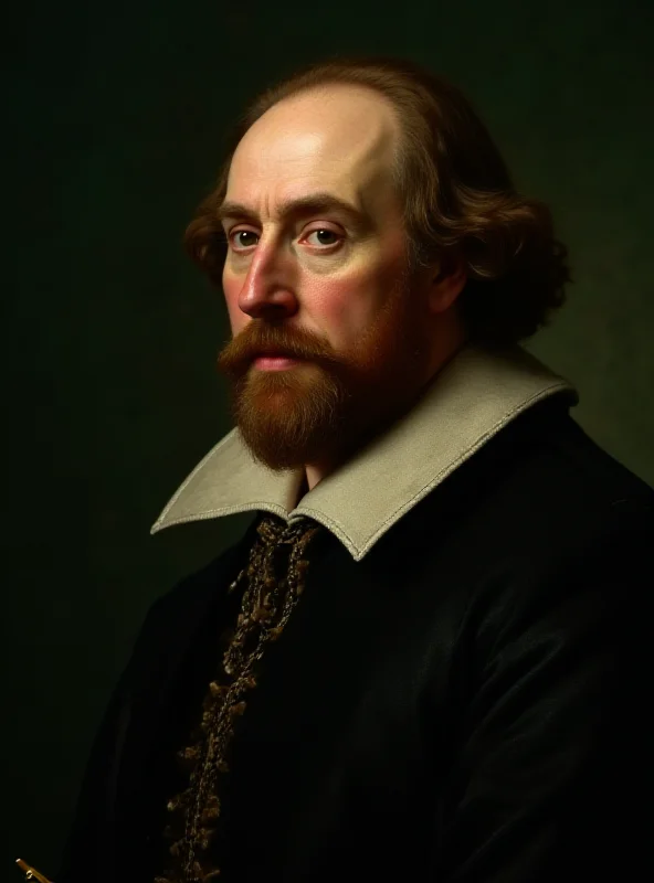 Portrait of William Shakespeare in the style of the early 17th century, with a thoughtful expression and quill in hand.