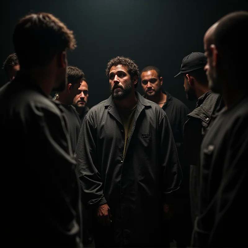 A group of diverse men, some in prison uniforms, rehearsing a scene from a Shakespeare play in a prison setting. The lighting is dramatic, highlighting the intensity of the performance.