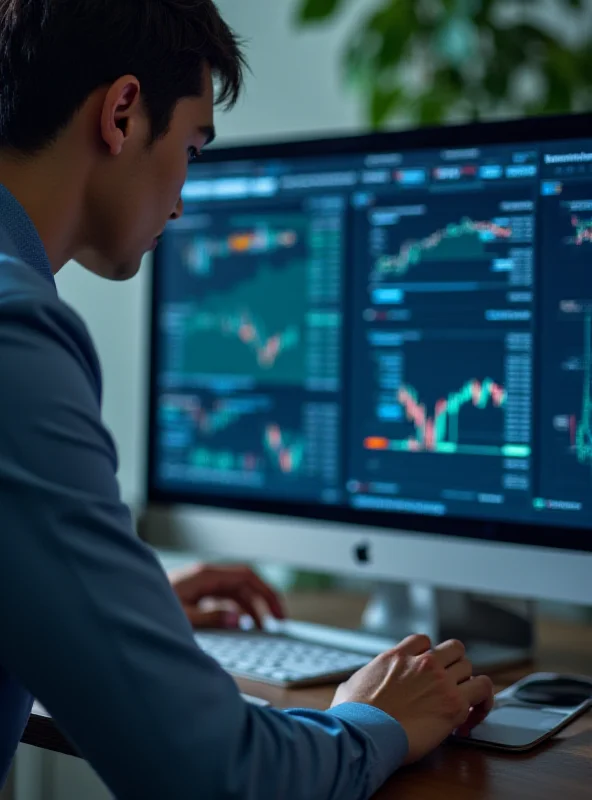 Close-up of a financial analyst reviewing data on a computer screen, with charts and graphs visible.