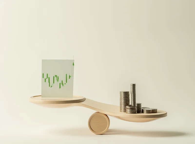 A balanced scale with a stock chart on one side and a stack of coins on the other, representing investment decisions.