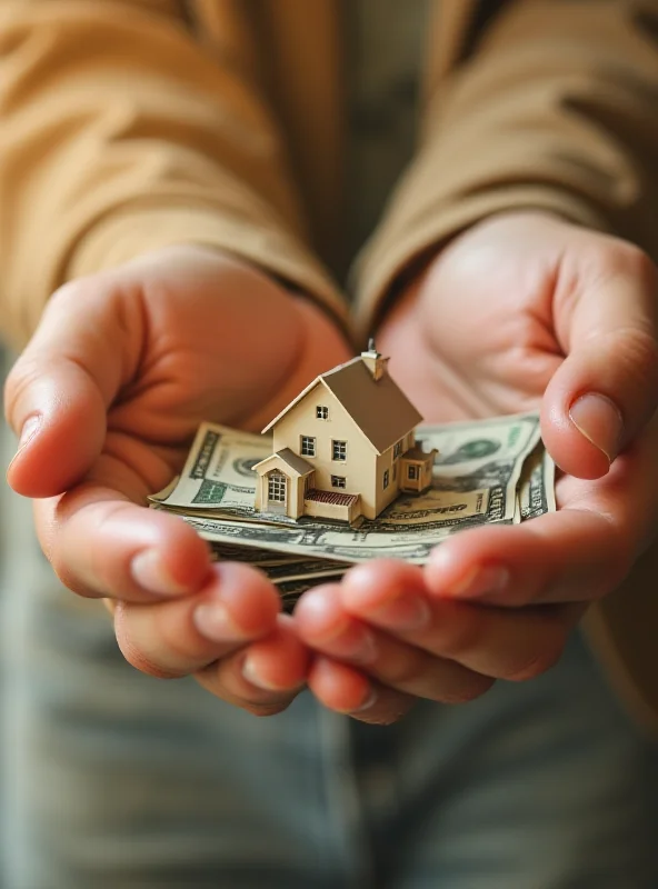 Close up of hands holding miniature houses with money around them