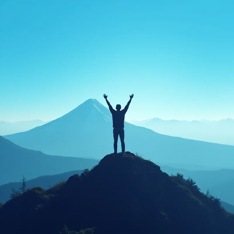 A person standing on top of a mountain with arms raised, symbolizing financial freedom