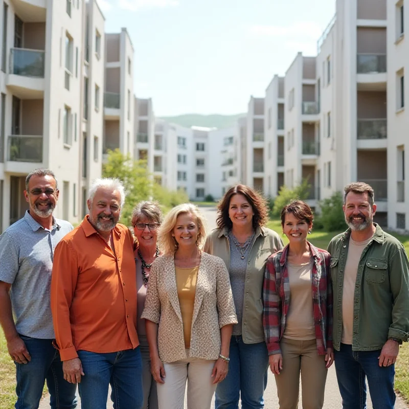 A diverse group of people standing in front of a newly built affordable housing complex.