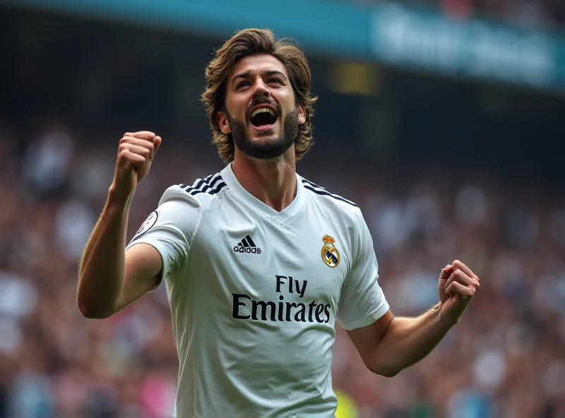 Brahim Diaz celebrating a goal with passion and intensity, wearing the Real Madrid jersey, with blurred background showing the stadium and fans.