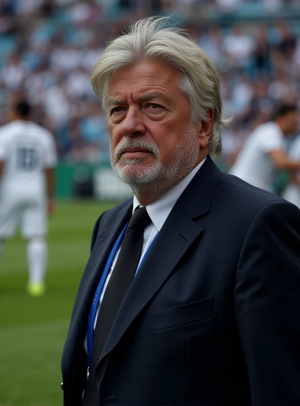 Carlo Ancelotti, the Real Madrid coach, standing on the sidelines during a match, looking focused and observant, with the stadium in the background and players on the field.