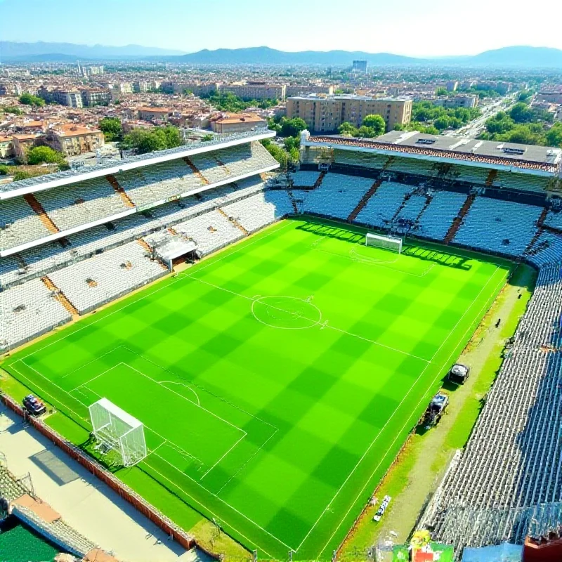 Aerial view of the Benito Villamarín stadium, home of Real Betis, on a sunny day, showcasing the vibrant green pitch and the surrounding city of Seville.