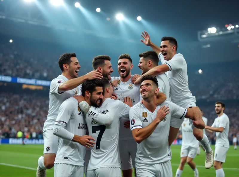 Real Madrid players celebrating a goal during a Champions League match.