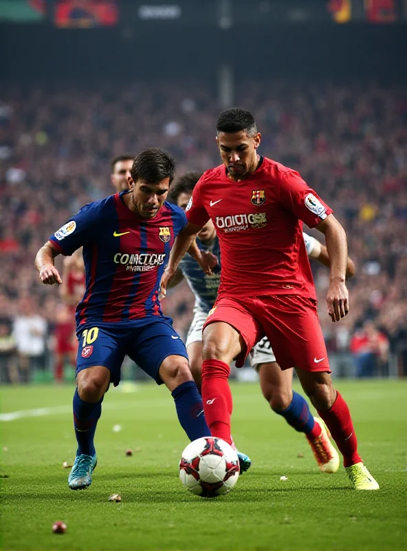 A tense moment during a Real Madrid vs. Barcelona match, with players from both teams contesting the ball.