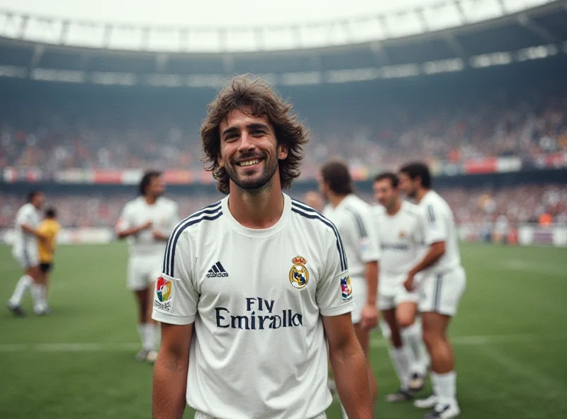 A photo of Javier Dorado in his Real Madrid jersey, smiling on the field during a game. He is surrounded by teammates and the stadium is visible in the background.