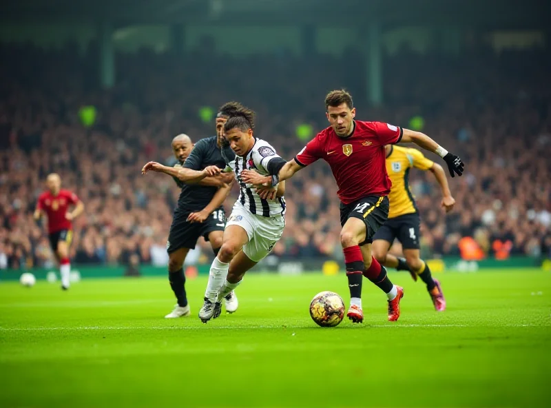 Soccer players battling for the ball during a Premier League match.