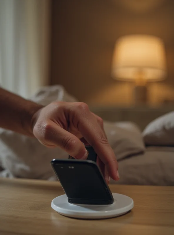 A hand reaching for an iPhone 16e placed on a charging puck, with a frustrated expression on the person's face.