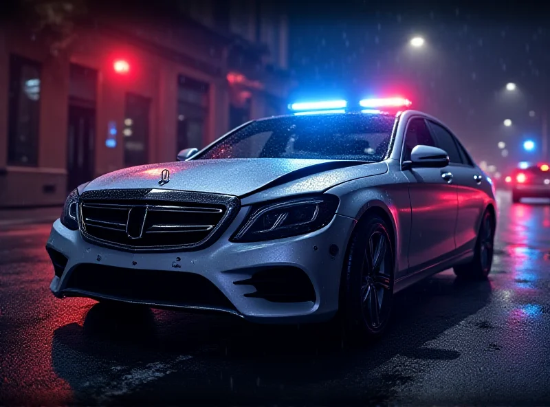 AI generated image of a wrecked Mercedes with police lights flashing in the background.