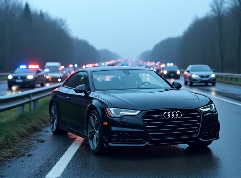 AI generated image of a highway in Germany with a wrecked Audi on the shoulder, police cars with flashing lights, and a traffic jam.