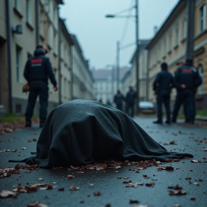 AI generated image of a somber street scene in Kladno, Czech Republic, with a covered motorcycle lying on the road after an accident. Police are investigating in the background.