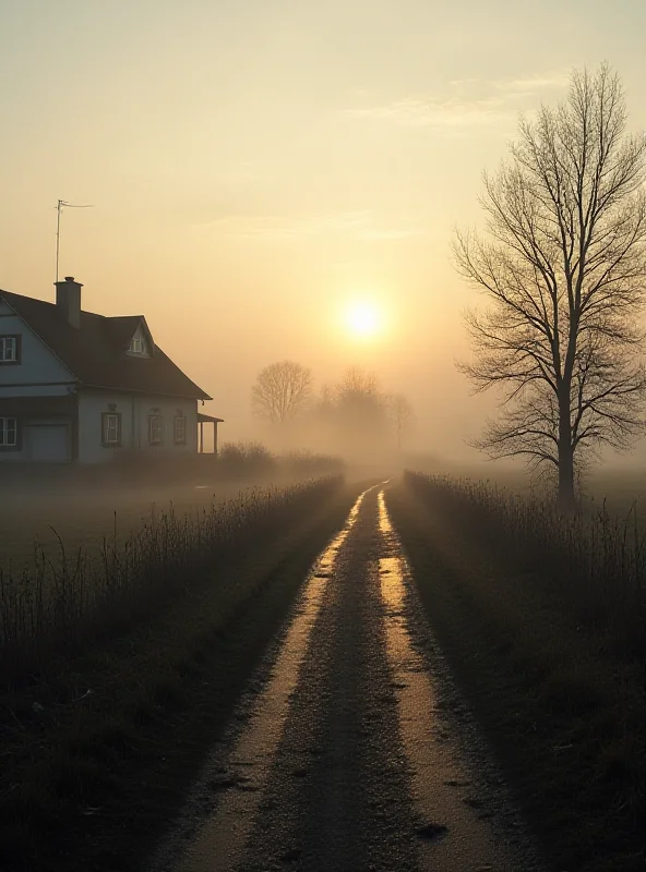 A rural Polish village at dawn, with mist rising from the fields.