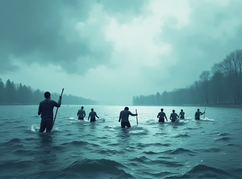 Illustration of a paddleboarding accident with dark clouds overhead.